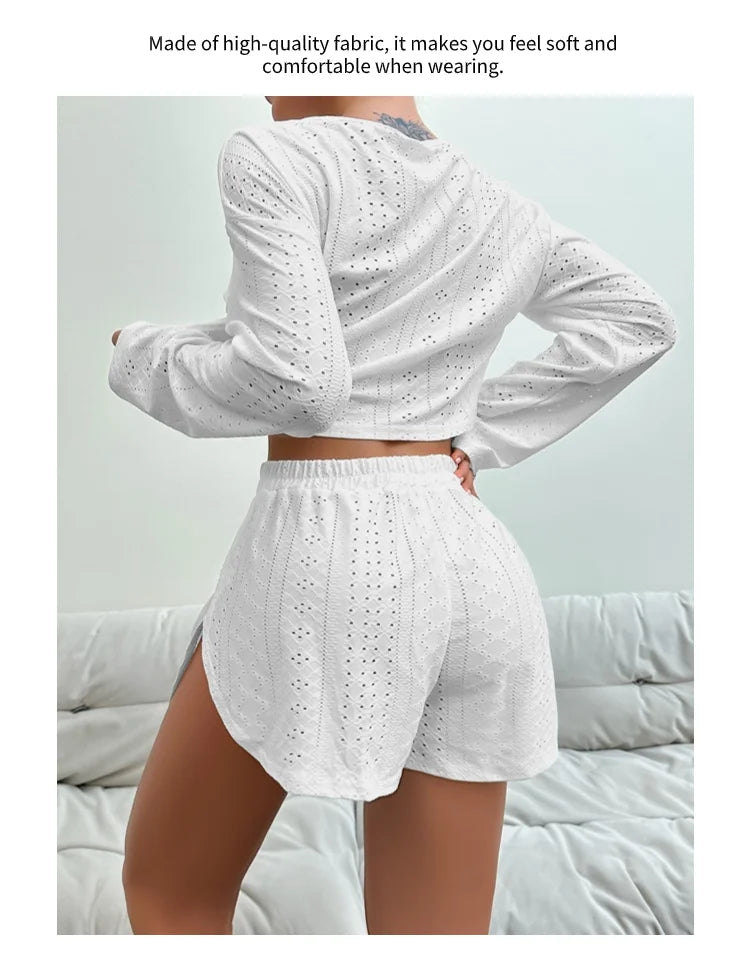 Women's Pajamas Set Sleepwear Loungewear Autumn Soft Comfortable Long Sleeve Tops With Shorts Pyjama Femme Home Clothes 2 Piece