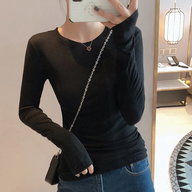 Women 2025 High Quality Plain T Shirt Cotton Elastic Basic T-shirts Female Casual Tops Long Sleeve Sexy Thin T-shirt