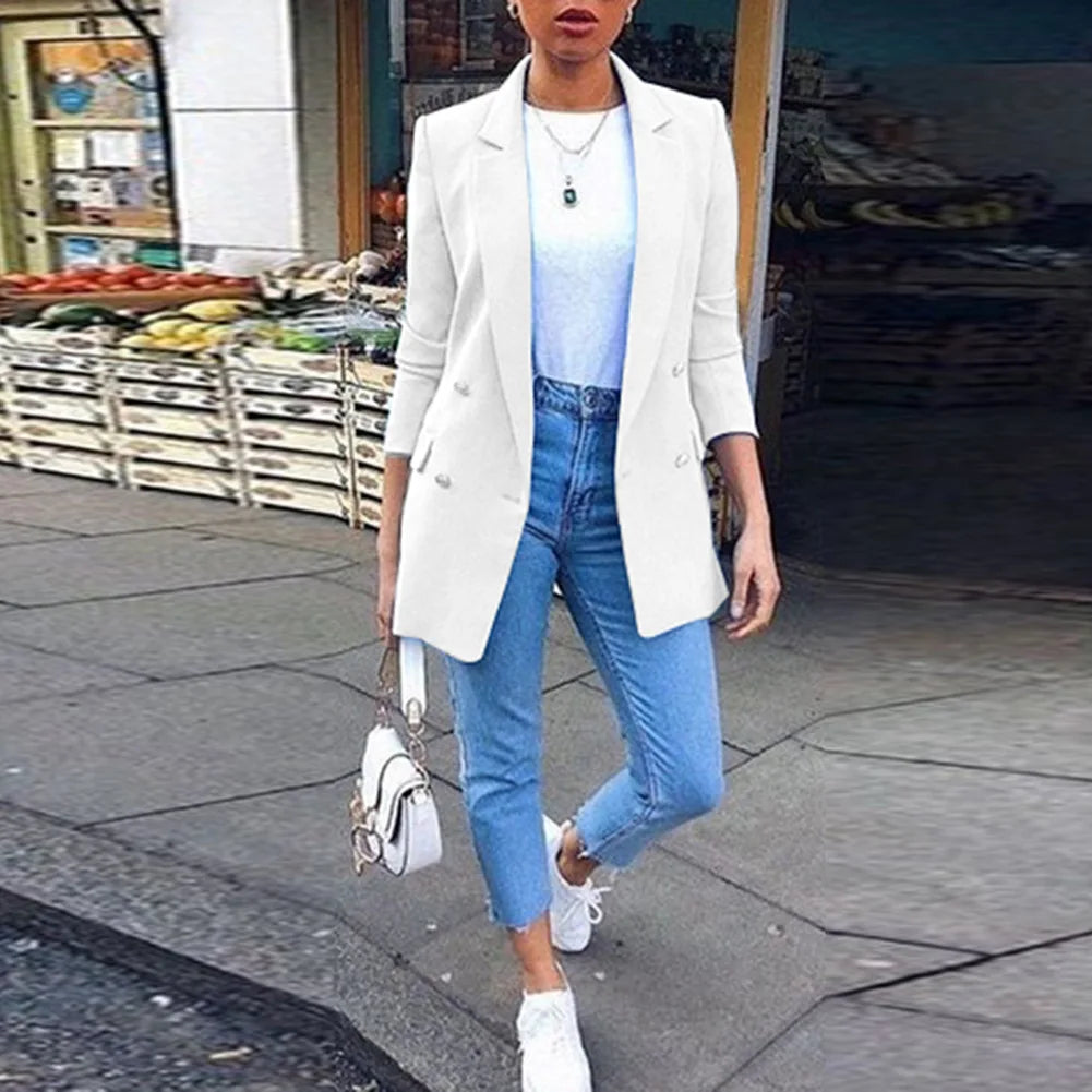 2023 Autumn/Winter New Women's Solid Button Women's Suit Fashion Pocket Polo Collar Cardigan Temperament Suit Coat Office Lady