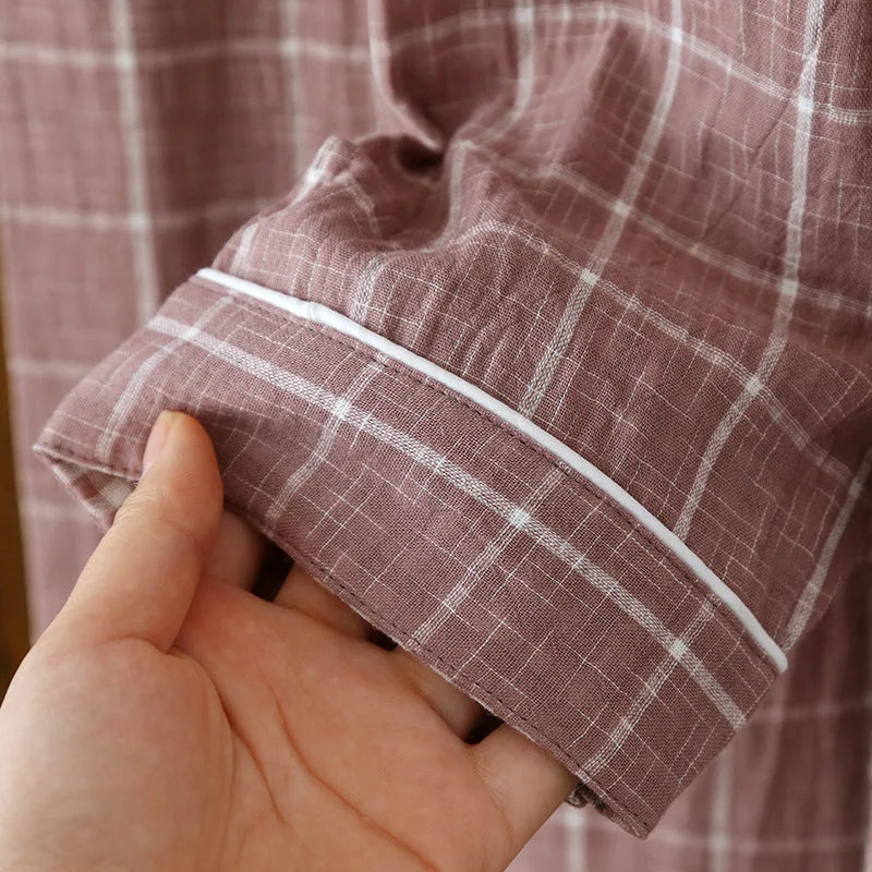 2025 Japanese New Men's Spring/Summer Pajama Set 100% Cotton Plaid Long Sleeve Pants Two Piece Set Large Relaxed Home Furnishing