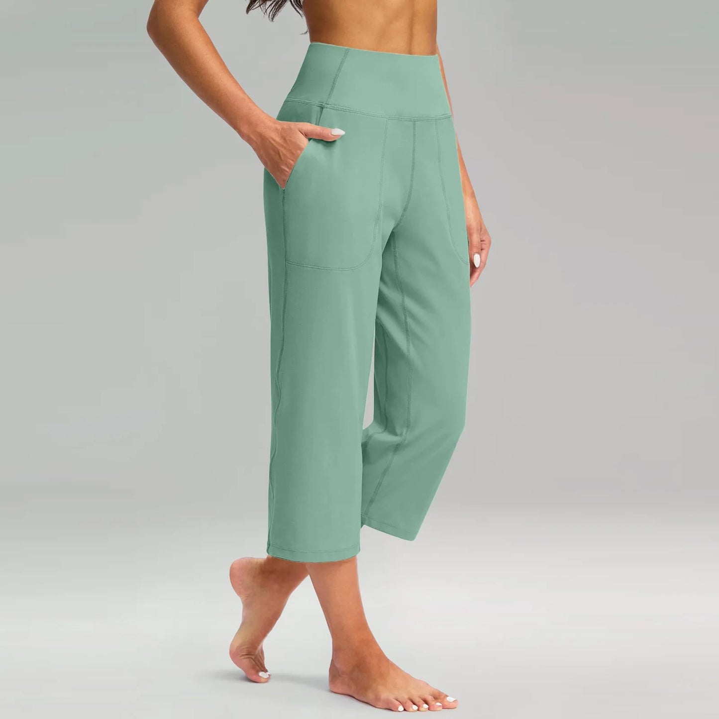 Casual straight sweatpants for women Elastic High Waist 3/4 Pants Sports Capris Leg Pants With Pockets Comfortable Trousers