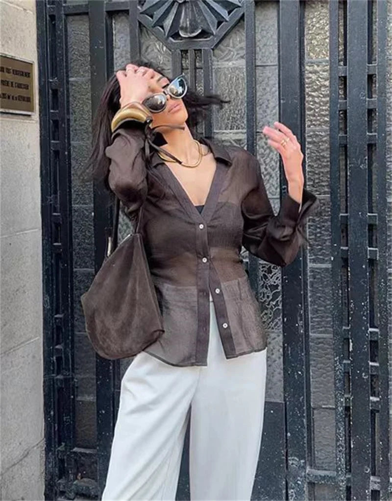 Women's Blouse New Summer 2025 Brown Long Sleeve Translucent Shirt Bow Decoration Sexy and Fashionable Personality and Versatile