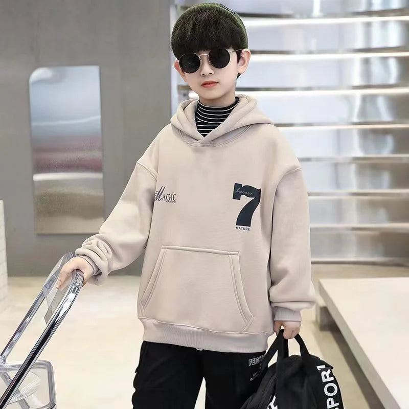 Boys Fashion Hoodies 2024 Autumn Winter Kids Sweatshirts New Handsome Long Sleeved Clothes Big Children Loose Hooded Tops
