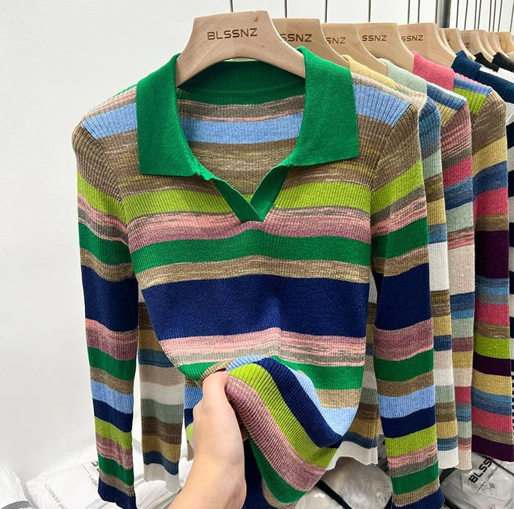 Polo Neck Shirts For Women Long Sleeve Tops Striped Clothing Knit Youth Offer Chic Elegant Summer 2024 T-shirt Woman Cotton New