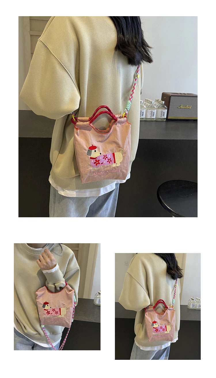 Cartoon embroidered handbag - casual and fashionable, single shoulder bag, lightweight, suitable for commuting, crossbody bag