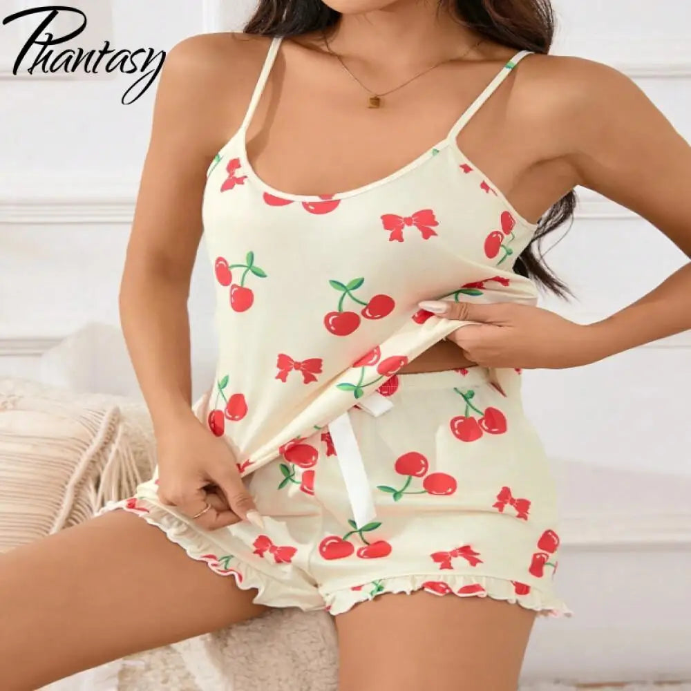 Phantasy Fashion Cherry Print Pajama Set Breathable Soft Casual Style Top Vestido Shorts Pajamas summer Women's Clothing 2025 