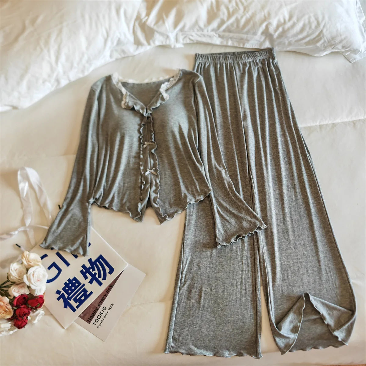 Pijama Feminina New Modal Chest Pad Set 2 Piece Woman Long Sleeve Pajama Sets Casual Korean Sleepwear Pyjamas Femme Home Wear