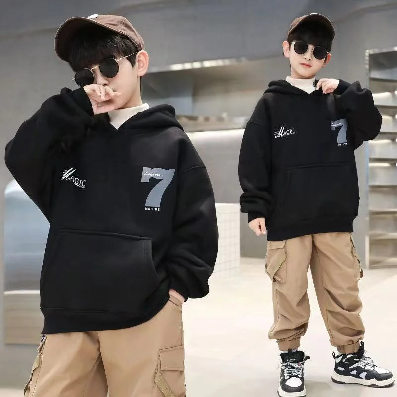 Boys Fashion Hoodies 2024 Autumn Winter Kids Sweatshirts New Handsome Long Sleeved Clothes Big Children Loose Hooded Tops