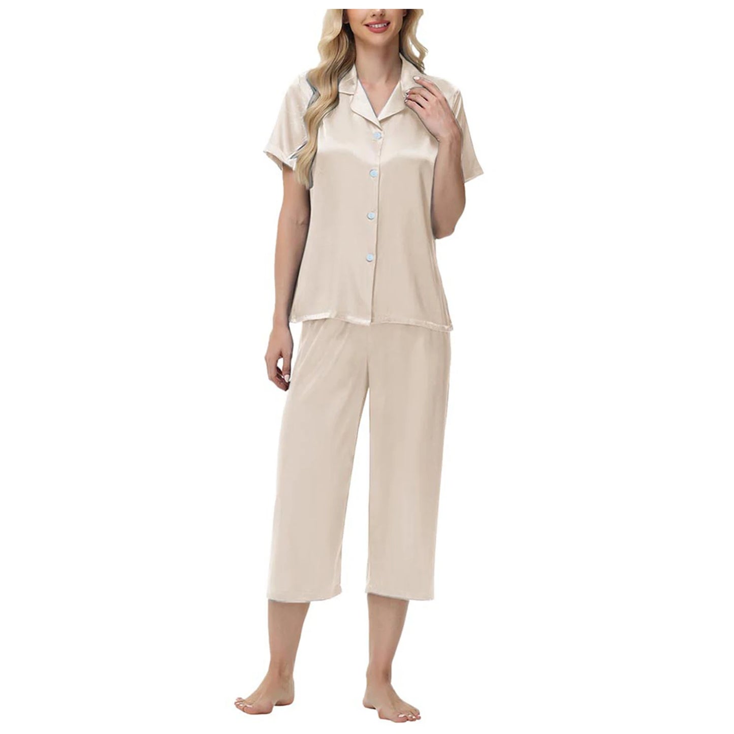 Women'S Pajama Set Burgundy Silky Fabric Short Sleeve Fashion Pants Home Clothes Bedroom Leisure Scene Stay At Home