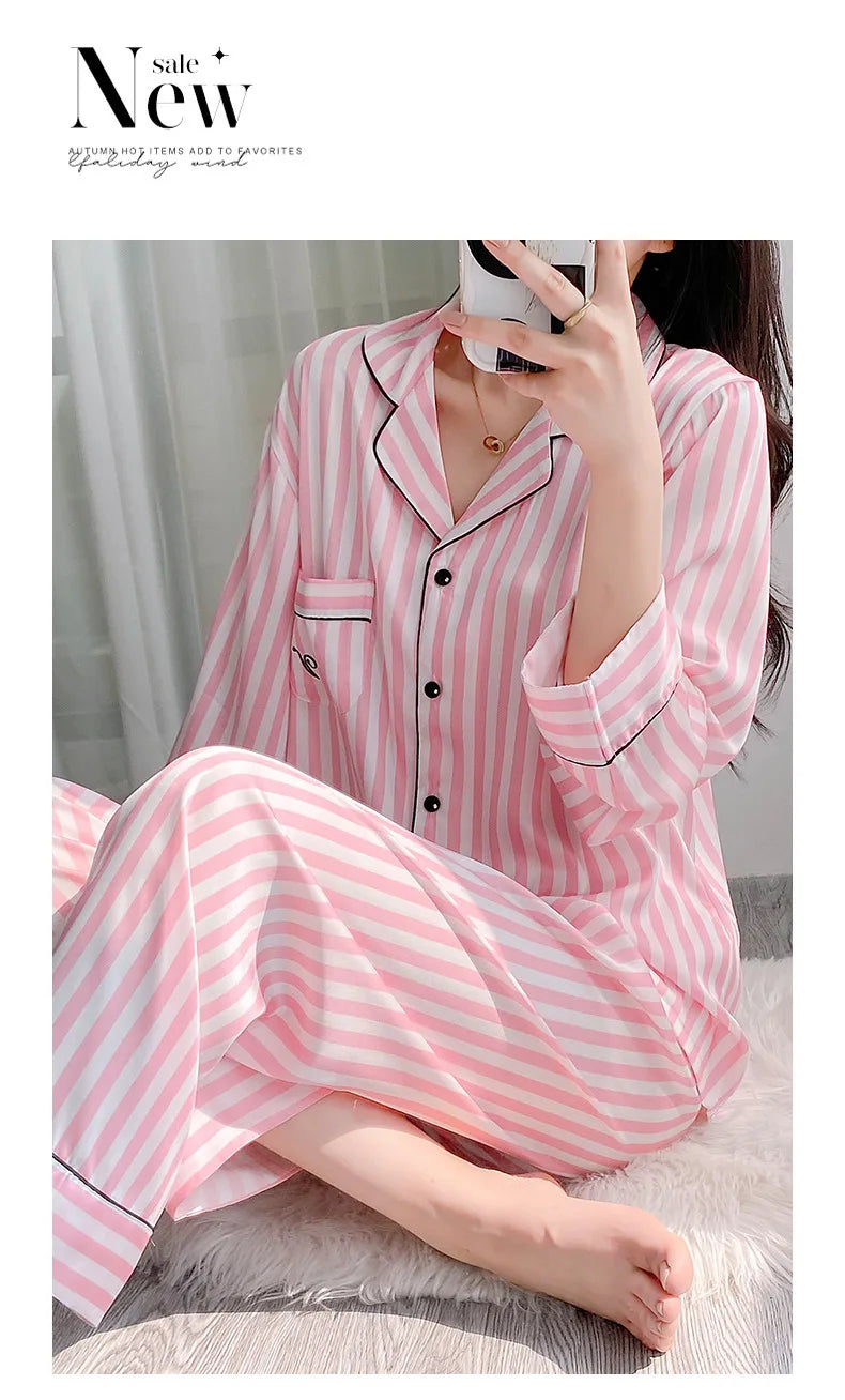 Pink Striped Pajama Set Loungewear Long Sleeves Pants Home Wear Women's Printed Lapel Sleepwear Satin Loose Casual Nightwear