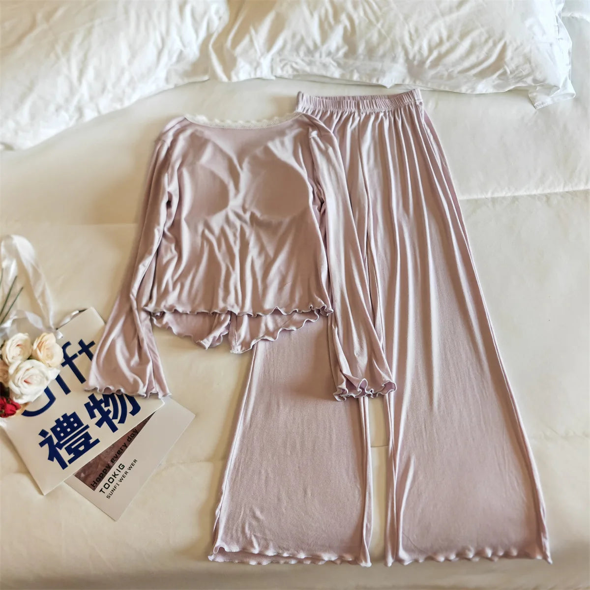 Pijama Feminina New Modal Chest Pad Set 2 Piece Woman Long Sleeve Pajama Sets Casual Korean Sleepwear Pyjamas Femme Home Wear