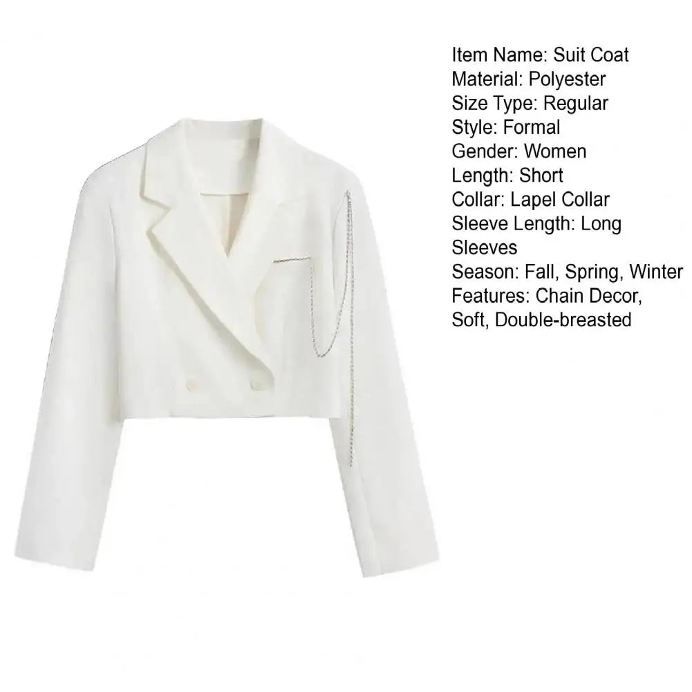 Women Lightweight Coat Elegant Double-breasted Women's Suit Coat with Chain Decor Notch Collar Formal Business Style for Ladies