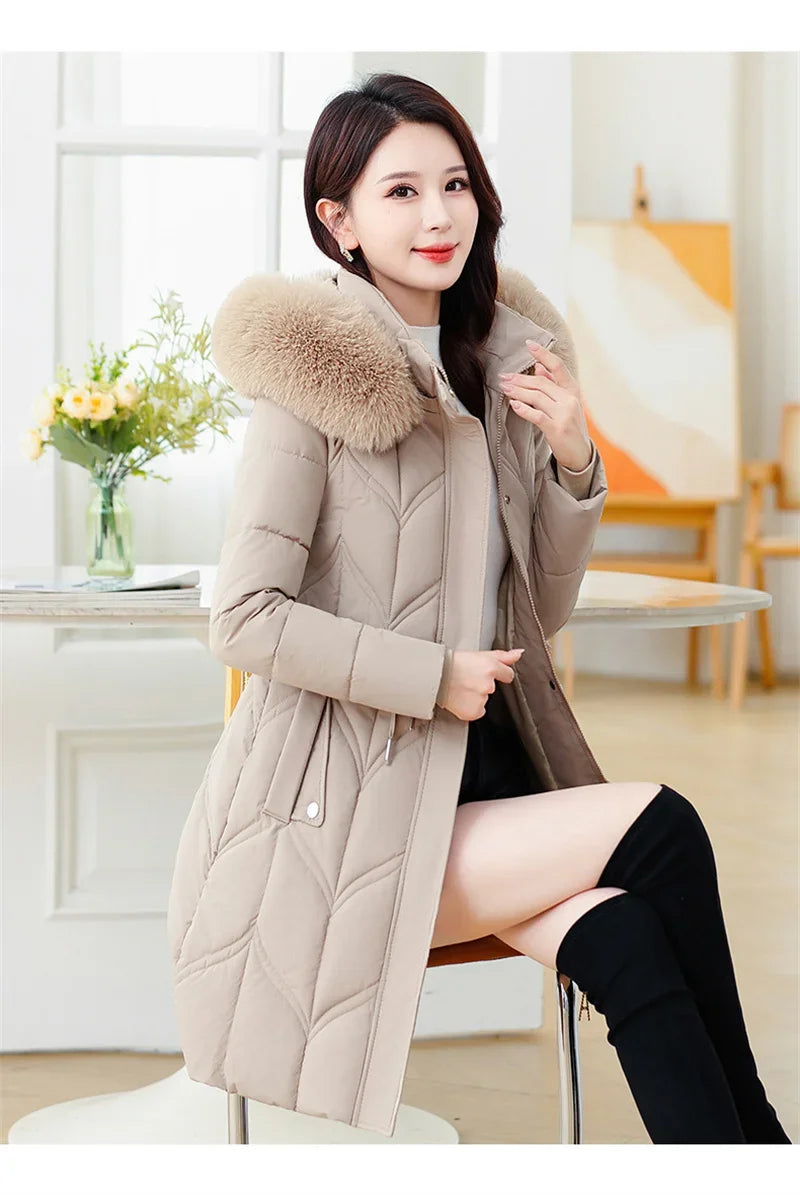 Women Down Cotton Jacket 2025 Mid Long Warm Ladies Outerwear Slim High-End Loose Women Winter Parka Coat Female Cotton Clothes