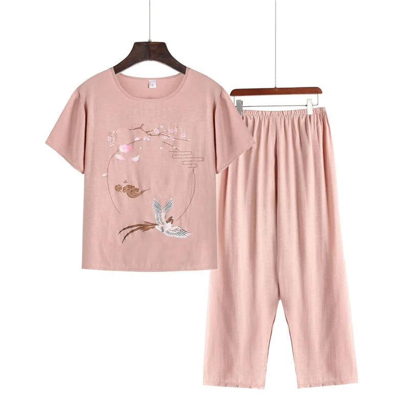 Pyjama Pour Femme Casual Cotton Linen Sleepwear Set Vintage Printed Middle Aged Mother Short Sleeve Pajamas Women Home Suit