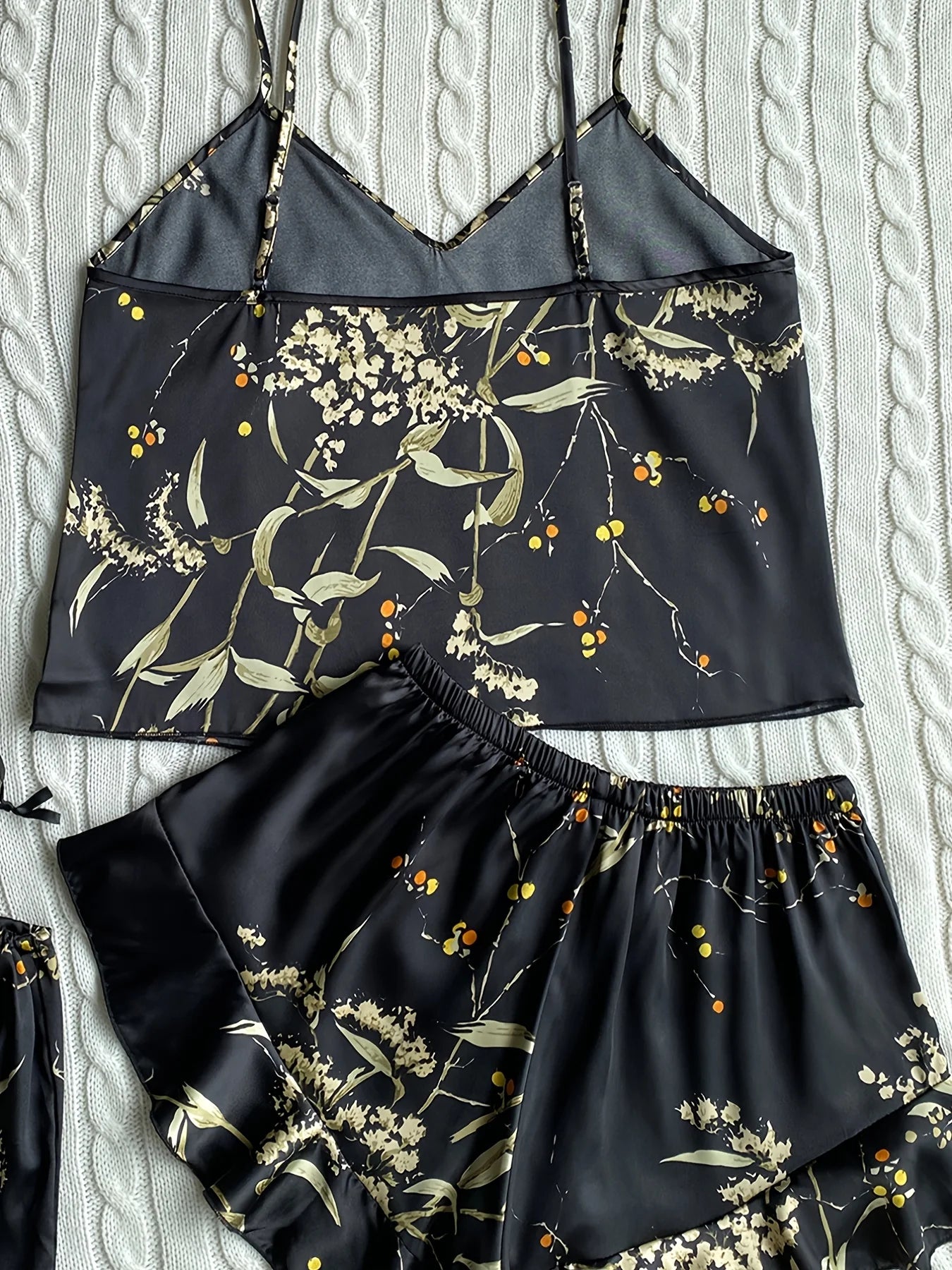 Elegant Floral Print Cami Tops Ruffle Hem Shorts Pajama Set Women's Sleepwear Loungewear