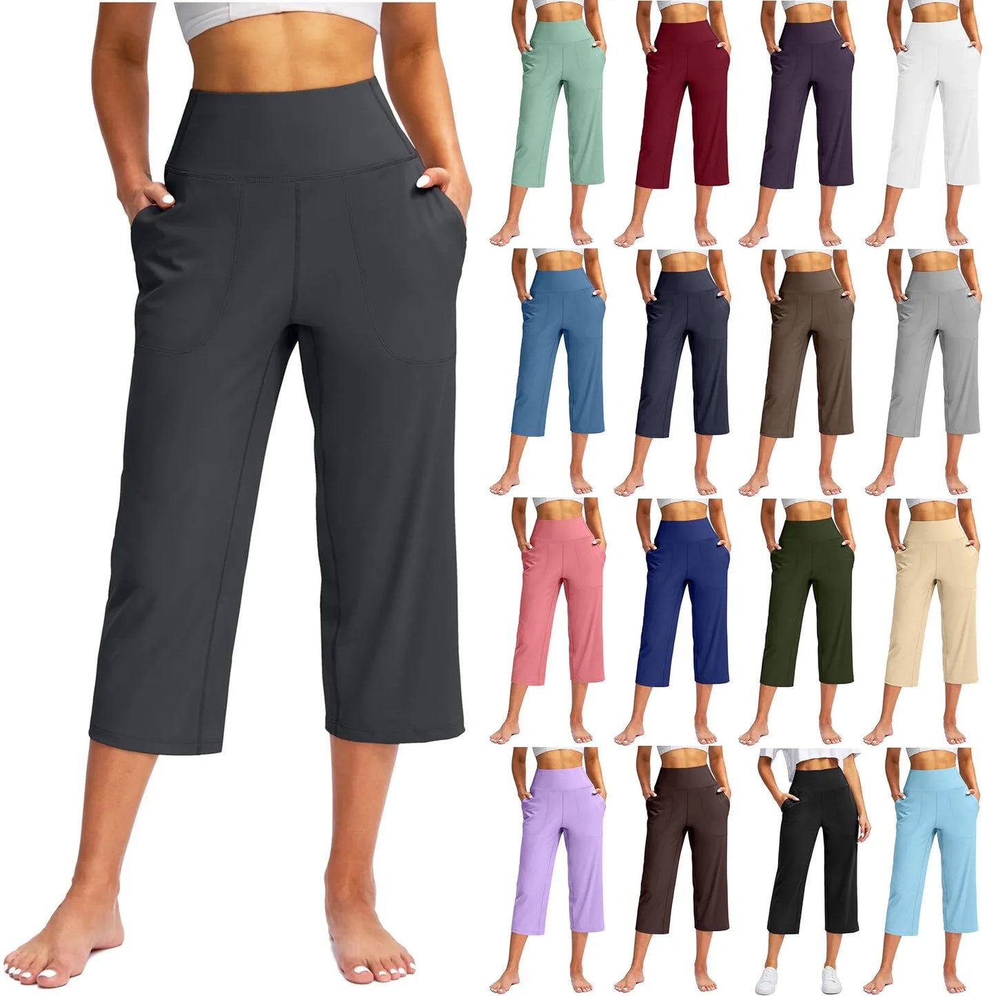 Casual straight sweatpants for women Elastic High Waist 3/4 Pants Sports Capris Leg Pants With Pockets Comfortable Trousers