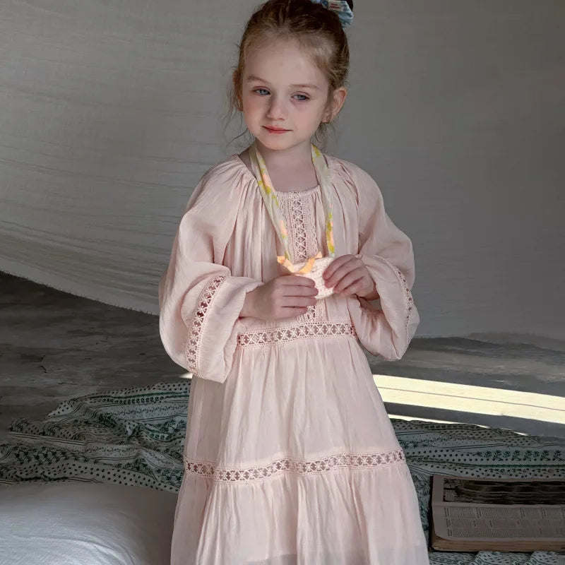 Girls Dress 2025 Spring New Elegant Lace Dress Sweet Girls Long Dress Ruffle Kids Dress For Girls