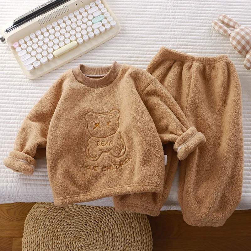 Children's Pajama Set for Boys and Girls Autumn and Winter with Thick Velvet Home Clothes Baby Warm Pure Color Clothing Set
