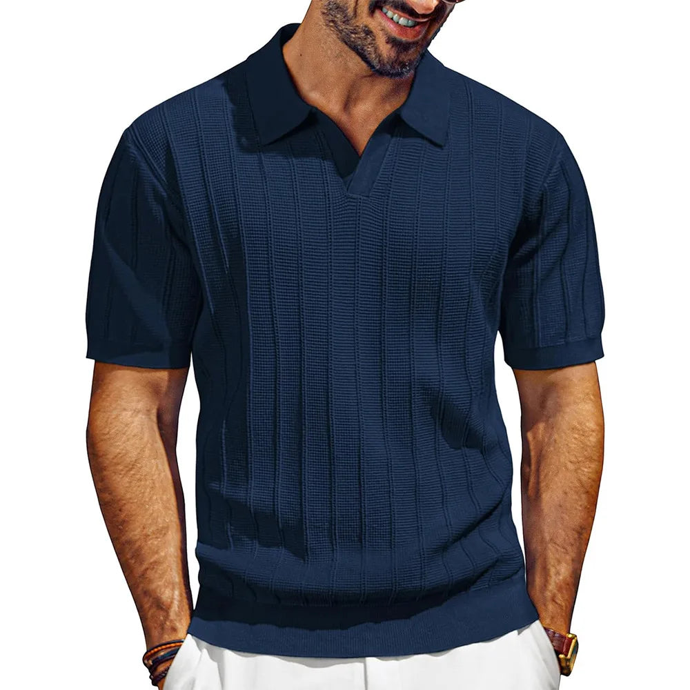 Polo Shirts Knitted Solid Tops Pullover V Neck Short Sleeve Tees Men Casual Shirt Summer Slight Strech Spliced Loose 2025