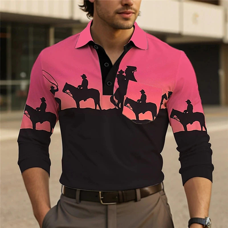Men's Cowboy Graphic Polo Shirts Casual Long Sleeve Turndown Vintage Outdoor Casual Polo Shirts Streetwear 3D Mens Tshirt Tops