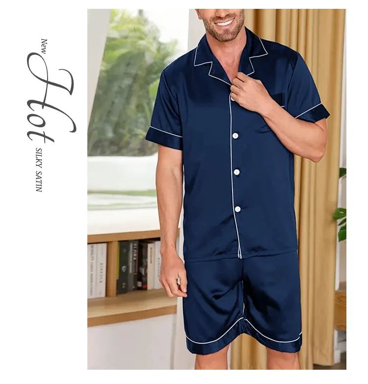 Men's Pajamas Set For Summer Short Sleeve Pocket Button Down Shirt & Shorts Pyjama Loungewear Set Sleepwear Pijama Home Clothing