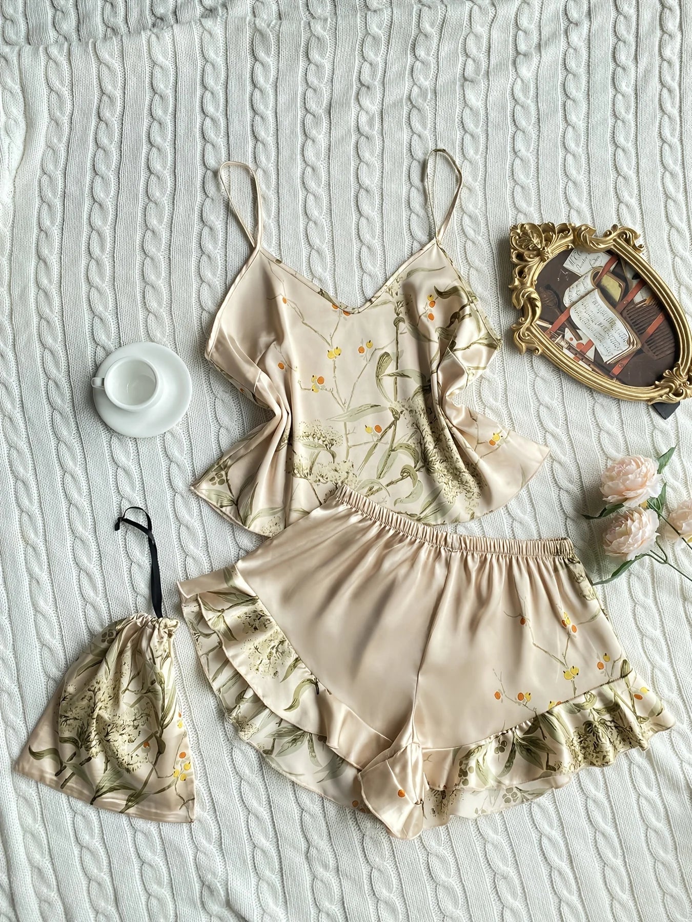 Elegant Floral Print Cami Tops Ruffle Hem Shorts Pajama Set Women's Sleepwear Loungewear