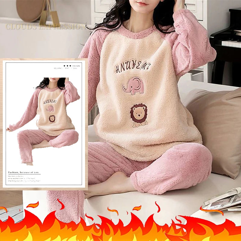 Autumn Winter Flannel Women's Pajamas Sets Polka Dots Printed Teddy Sleepwear Velvet Homewear Kawaii Girsl Pijamas Mujer Pyjama