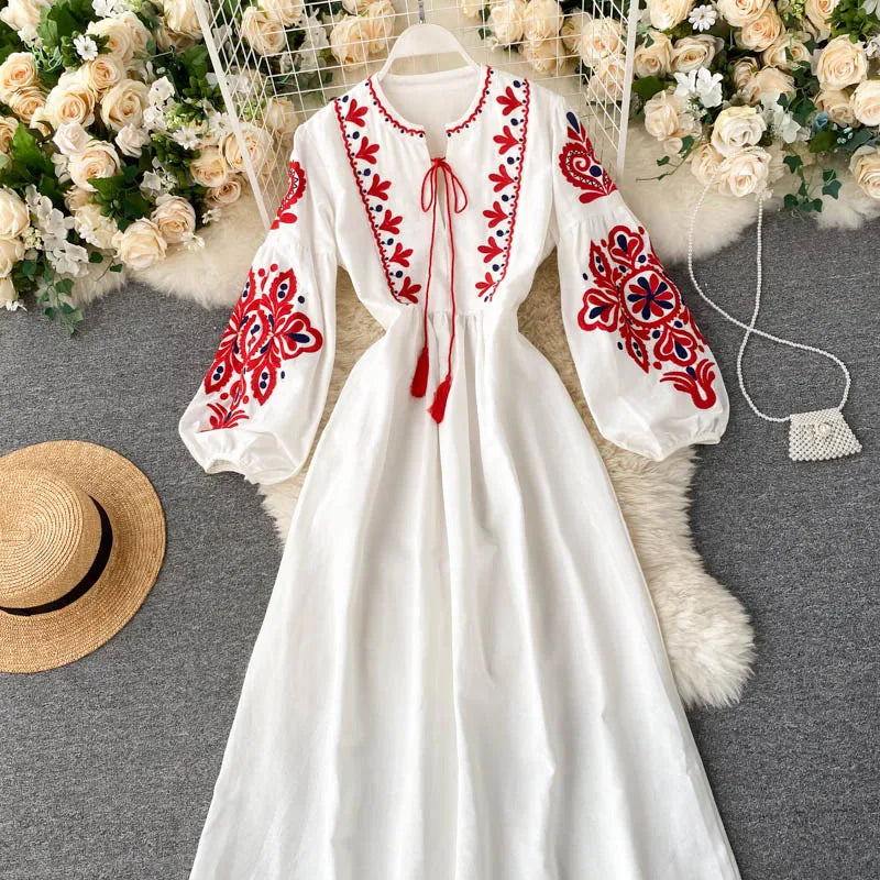 Bohemian Embroidered Dress for Women, Boho, Flower, O-Neck, Lantern Long Sleeve, High Waist, Cotton, White, Spring