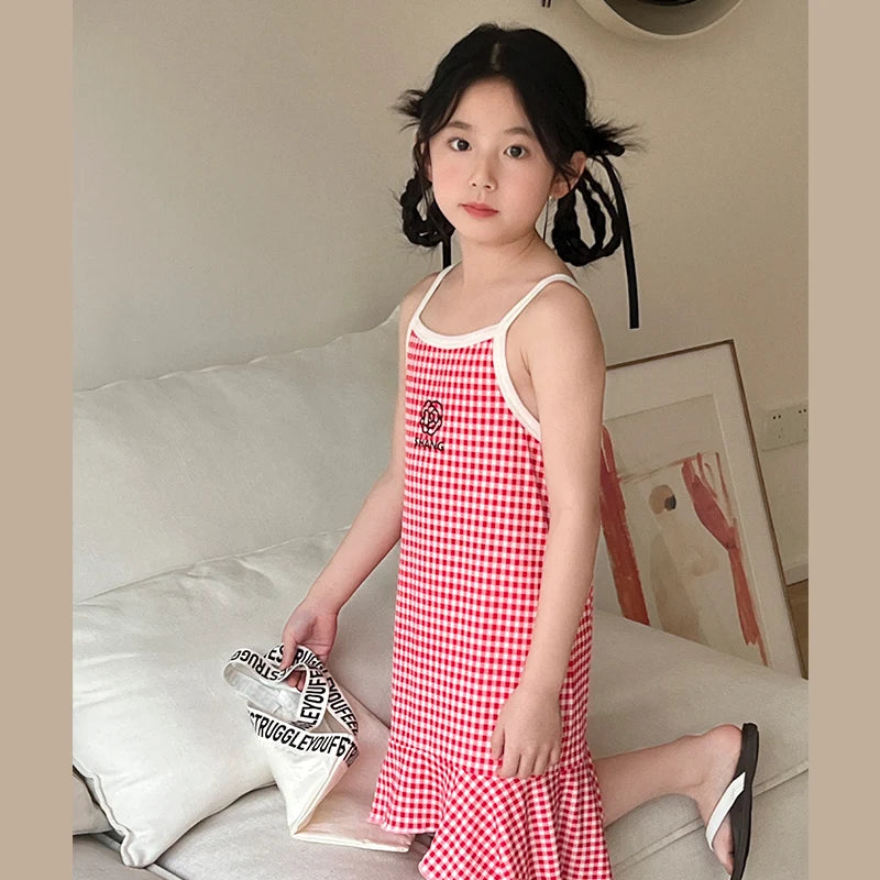 Girls' Summer Cotton Dresses Children's Fashion Dresses Thin Girls' Halter Dresses Children's Flower Dresses Dot Dresses Plaid D