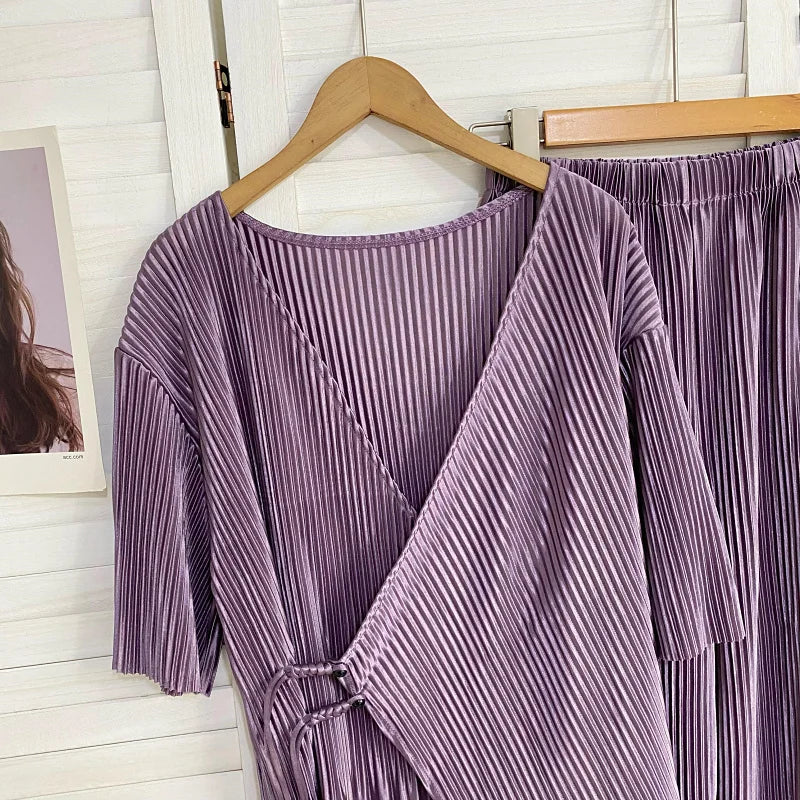 Pants Sets Fashion Elegant Pleated V-Neck Buckle Irregular Hem Tops High Waist Slim Wide Leg Pants Summer Two-Piece for Women