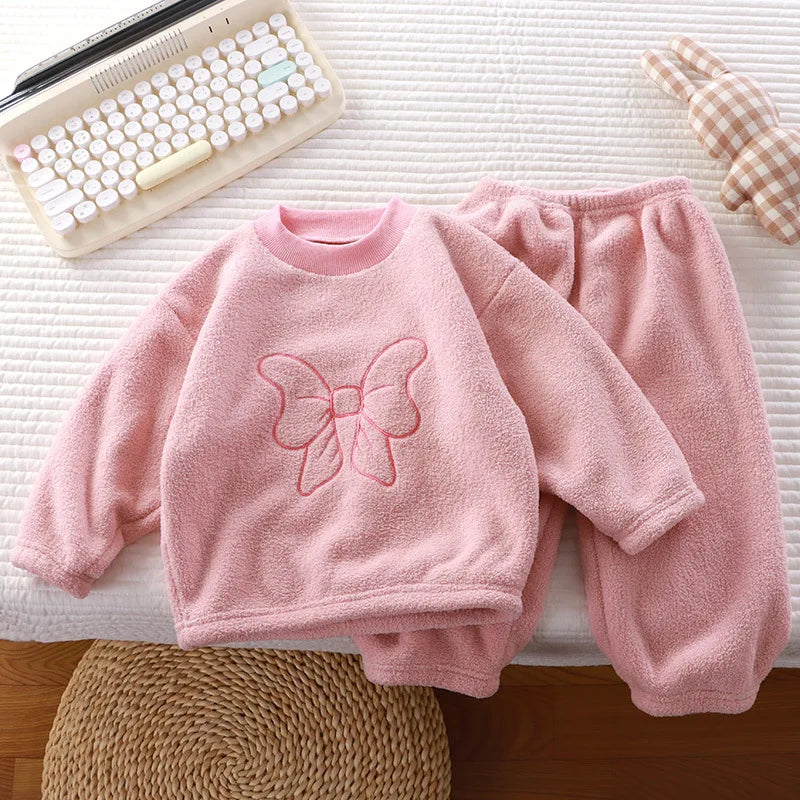 Children's Pajama Set for Boys and Girls Autumn and Winter with Thick Velvet Home Clothes Baby Warm Pure Color Clothing Set