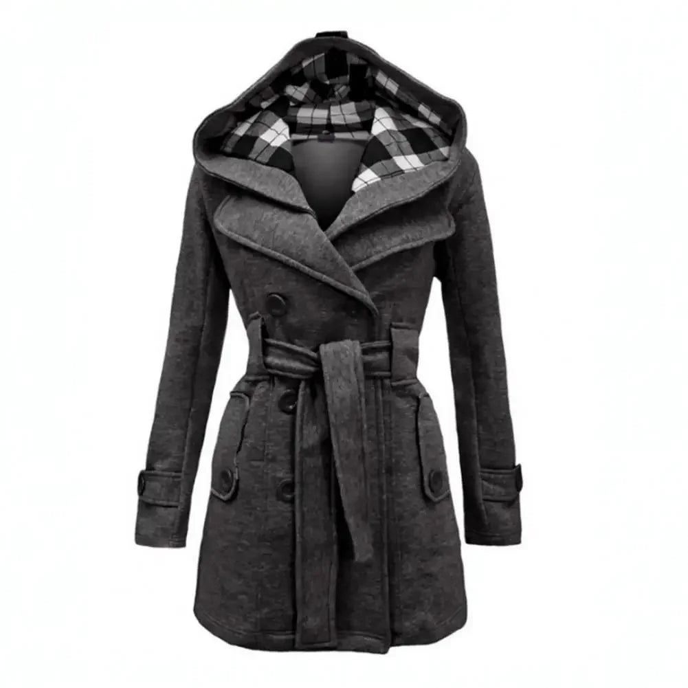 British Style Women Woolen Coat with Belt 2025 Double-Breasted Winter Coat Women's Jacket Double Neckline Plaid Hooded Overcoat