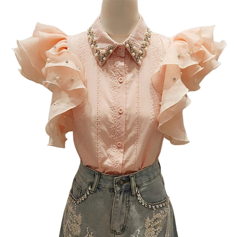 2025 Blusas Mujer De Moda Sweet Blouse Diamond Flying Sleeve Ruffles Pink Shirts Temperament Summer Blouses Tops Women Clothing
