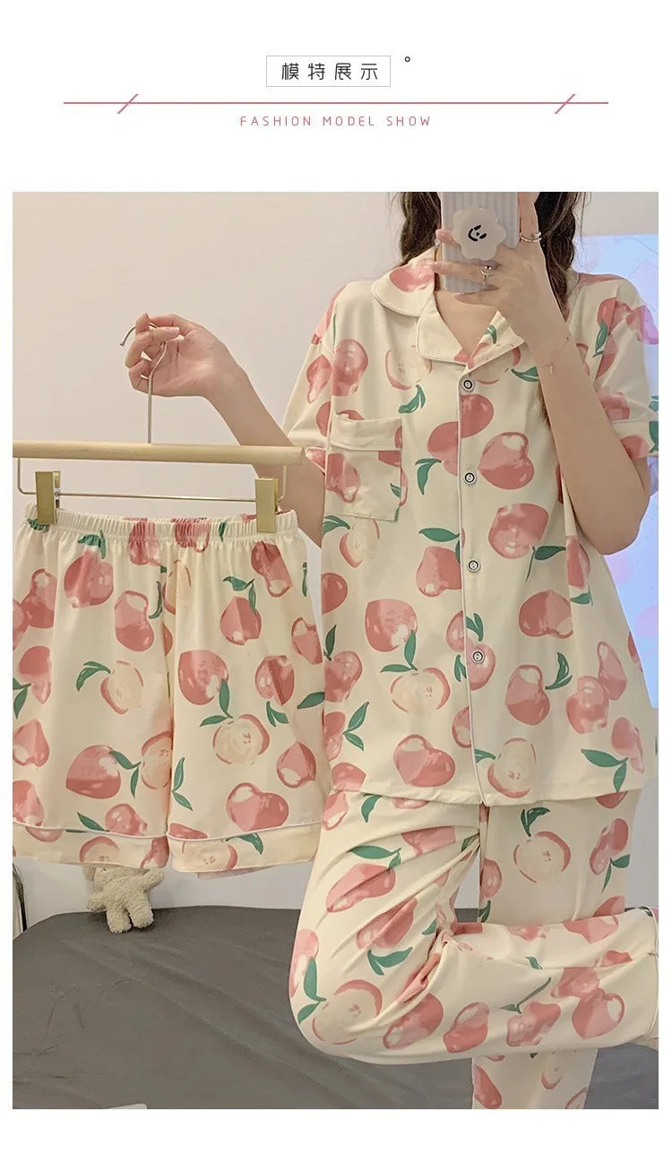 Women's Summer Three-Piece Pajama Set: Cute Teenage Student Short-Sleeved Long Pants Casual Korean-Style Pajamas Underwear