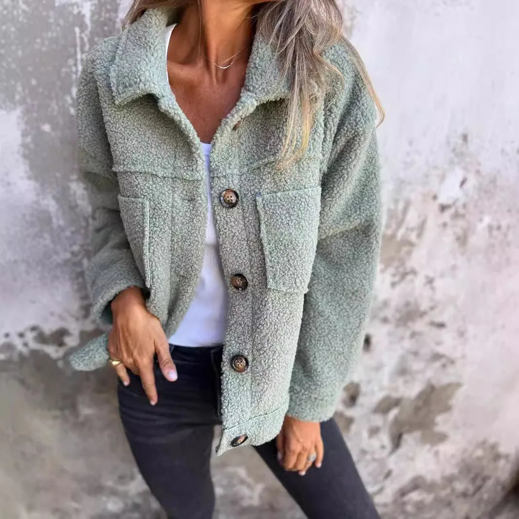 Lamb Wool Coat Women Autumn Winter Outerwear Warm Short Jacket Single Breasted Turn Down Collar Pockets Office Lady Overcoat