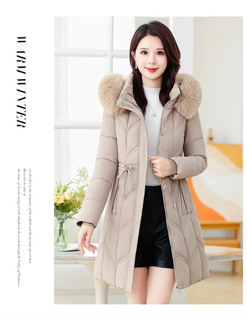 Women Down Cotton Jacket 2025 Mid Long Warm Ladies Outerwear Slim High-End Loose Women Winter Parka Coat Female Cotton Clothes