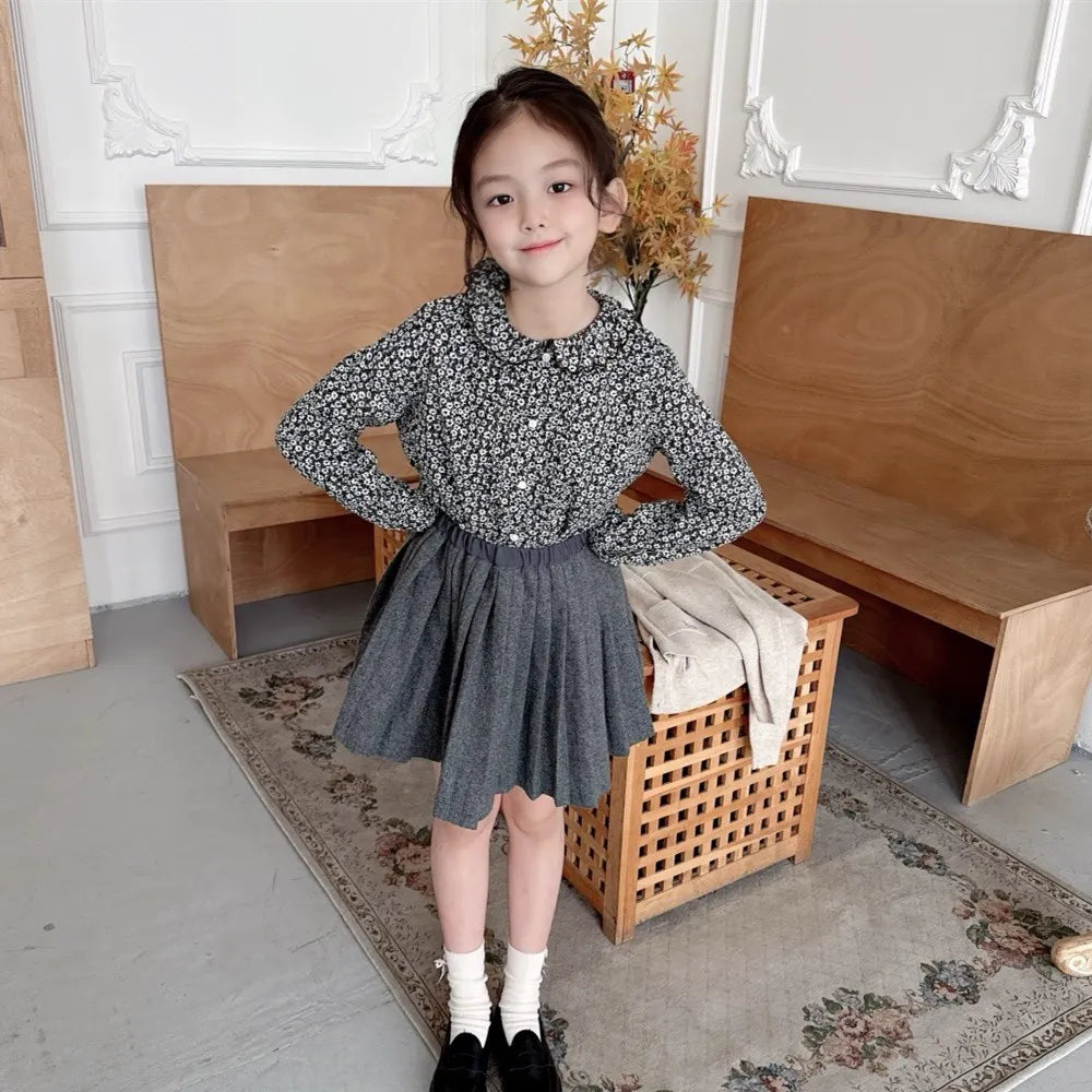 kids girls clothes baby tops cotton shirts fashion clothes girls French retro printed long sleeved shirt
