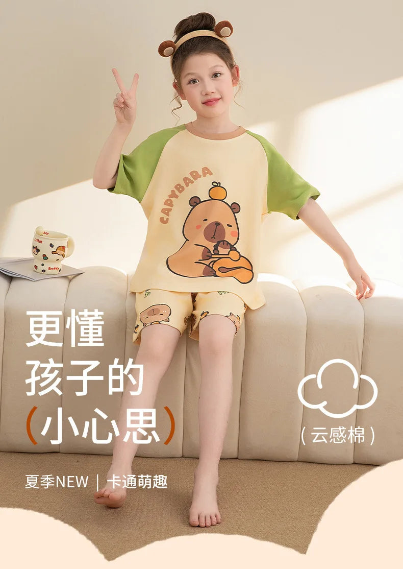 Capybara Pajama Sets 2025 Summer Teen Girls Cartoon Short Sleeved Tops Shorts 2pcs Kids Sleepwear Children Nightgown Loungewear