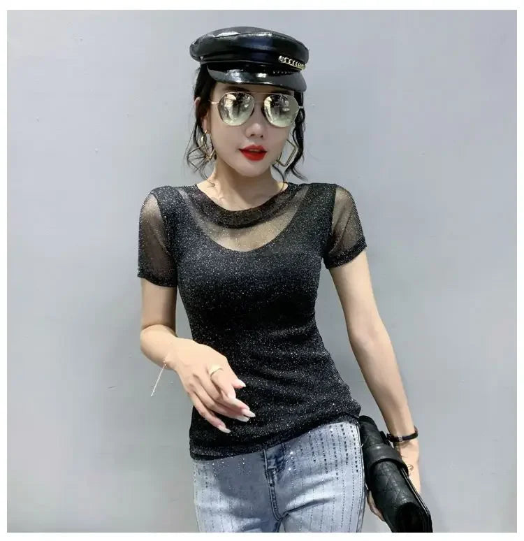 Summer Women Clothing 2025 New Half-sleeved Fashionable Short-sleeved T-shirt Hollow Mesh Top Lace Pullover