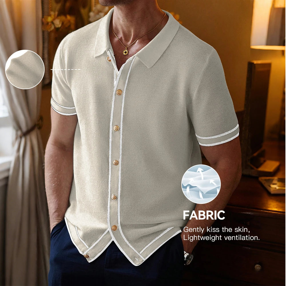 Men's Polo Shirts 2025 Summer Mens Retro Knit Lapel Striped Brand Fashion Short-Sleeved Breathable Casual Slim Tops Men US Size
