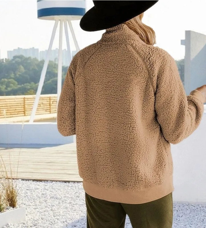 Women Winter Coat Solid Color Long Sleeves Zipper Cardigan Loose Warm Furry Plush Plus Size Lady Coat Winter Clothes