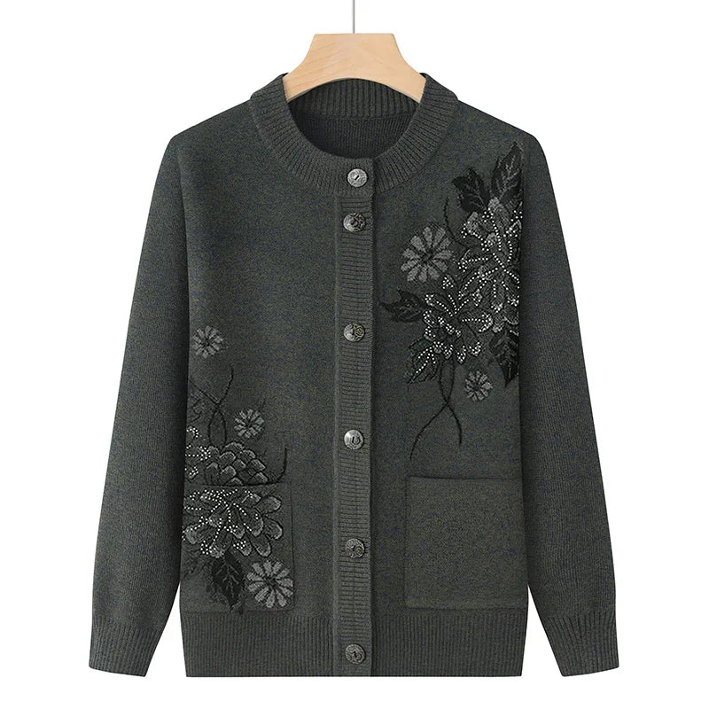 Korean Women's Clothes New Knit Woolen Printed Cardigan Coat Middle Aged Mother Knitwear Tops Vintage Grandma Sweater Jacket