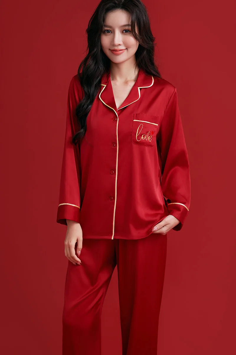 Couples Casual Red Pajamas Ice Silk Women Mens Pajama Pants Sets Satin Long Sleeve Sleepwear Home Pijama Night Wear Loungewear