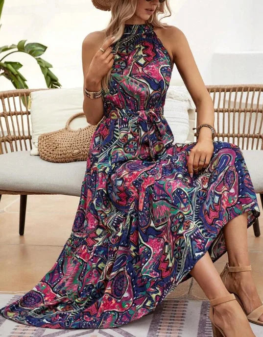 Women's Dress Elegant Print Sleeveless O-neckhalter Off Shoulder Dresses Vintage Waistlace Up Boho Women Long Dress Vestidos