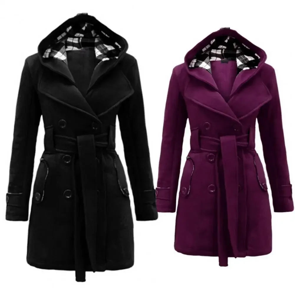 British Style Women Woolen Coat with Belt 2025 Double-Breasted Winter Coat Women's Jacket Double Neckline Plaid Hooded Overcoat