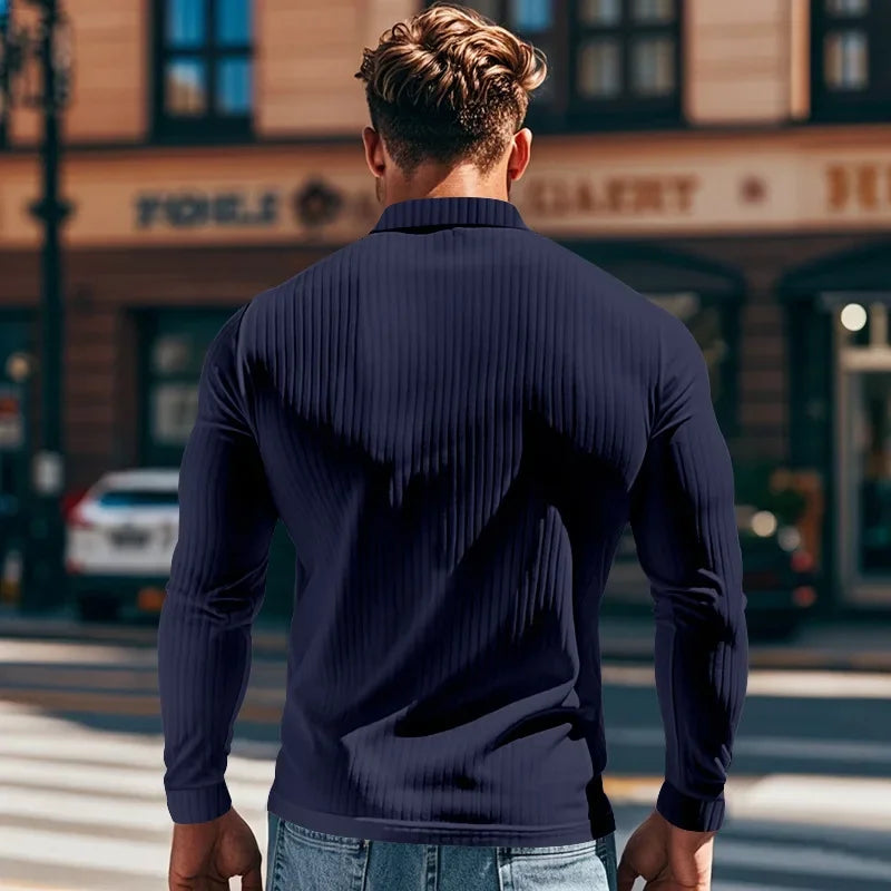 Business Striped Polo Shirt Men 2025 Autumn Men's American Lapel Tops Button-up Long-sleeve T-shirt Elastic Stripe Polo Shirts