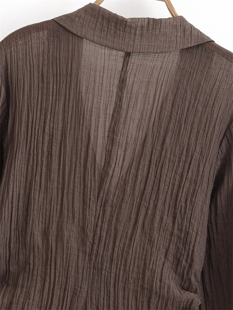 Women's Blouse New Summer 2025 Brown Long Sleeve Translucent Shirt Bow Decoration Sexy and Fashionable Personality and Versatile