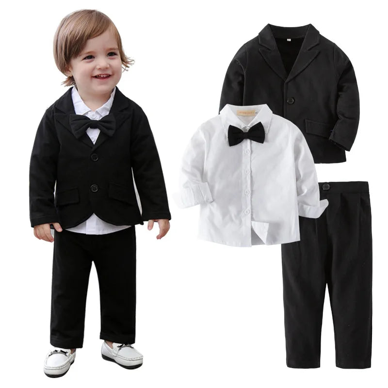 Baby Boys Clothes Suits Infant Gentleman Outfit 3pcs Sets Collared Dress Bow Tie Shirt+Coat+Pants For Toddlers Formal Party Clot