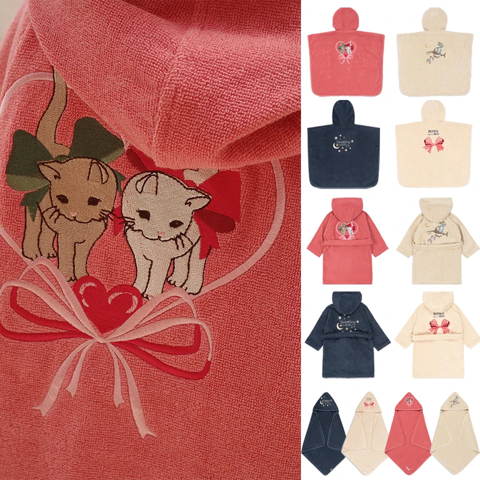 Children Cotton Bathrobe 2025 KS New Girls Embroidery Bath Towel Cloak Boys Hooded Pyjamas Baby Kids Soft Bath Robe Nightgown