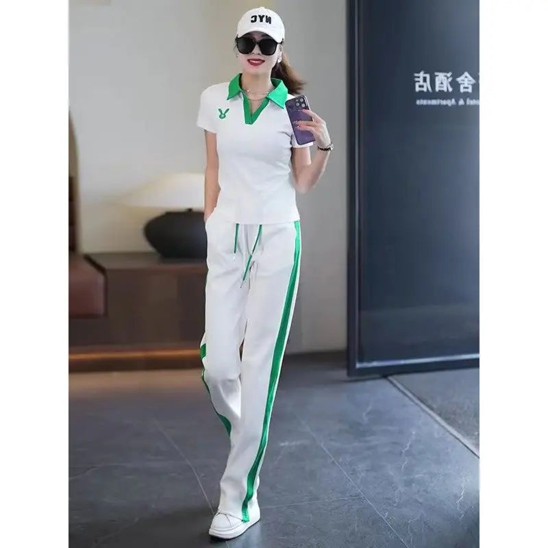 Women's Casual Sports Suit 2025 New Summer Spring Style Clothes Fashion Short Sleeve Lapel T-shirt Wide Leg Pants Two Piece Set